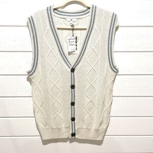 NWT BP Preppy Cream and Blue Button Up Unisex Oversized Sweater Vest Size Xs-M